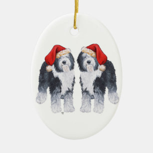 Old English Sheepdog Santa Hat Ceramic Ornament