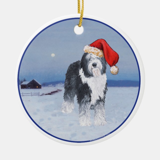 Old English Sheepdog Santa Hat Ceramic Ornament (Front)