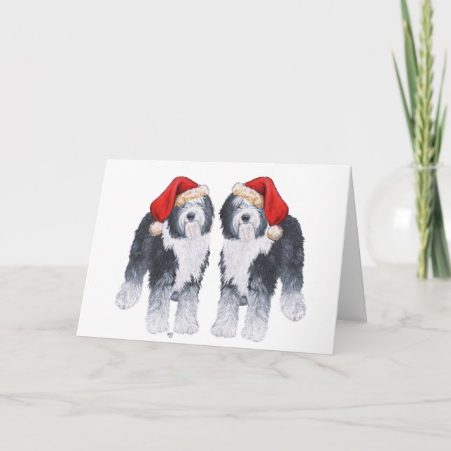 Old English Sheepdog Santa Hat Holiday Card (Front)