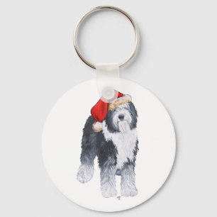 Old English Sheepdog Santa Hat Keychain
