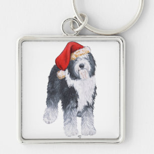 Old English Sheepdog Santa Hat Keychain