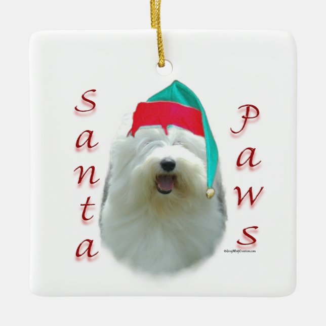 Old English Sheepdog Santa Paws Ceramic Ornament (Front)
