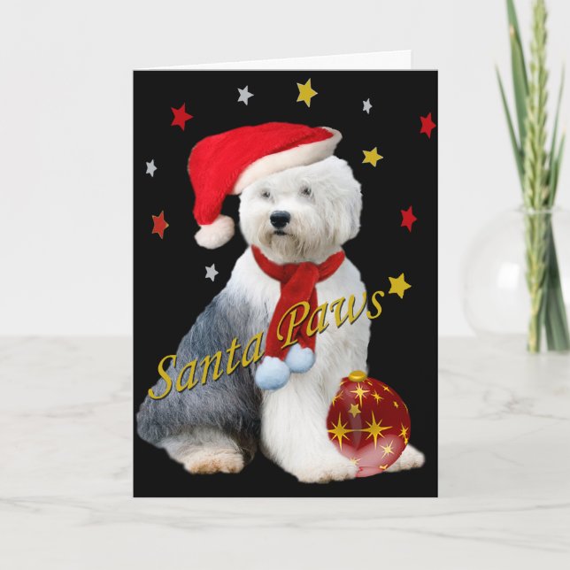 Old English Sheepdog Santa Paws Holiday Card (Front)