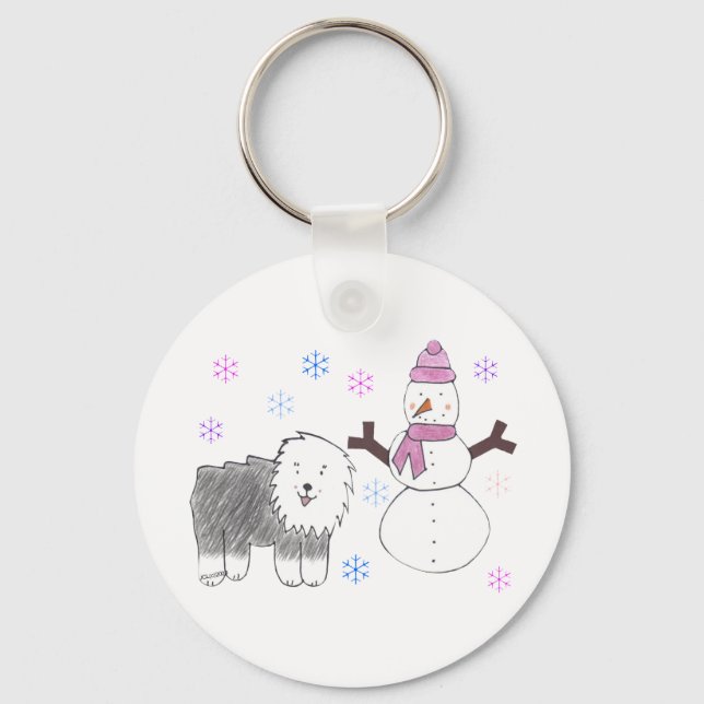 Old English Sheepdog & Snowman Keychain (Front)