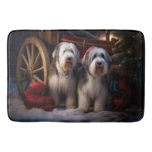 Old English Sheepdog Snowy Sleigh Christmas Decor  Bath Mat (Front)