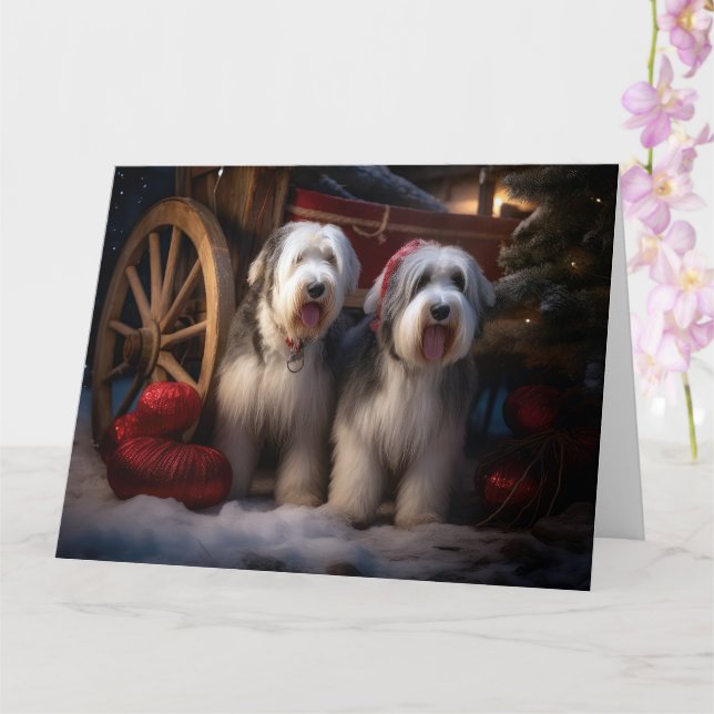 Old English Sheepdog Snowy Sleigh Christmas Decor  Card (Orchid)