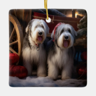 Old English Sheepdog Snowy Sleigh Christmas Decor  Ceramic Ornament