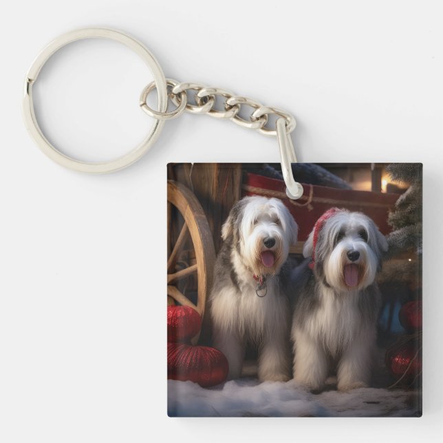 Old English Sheepdog Snowy Sleigh Christmas Decor  Keychain (Front)