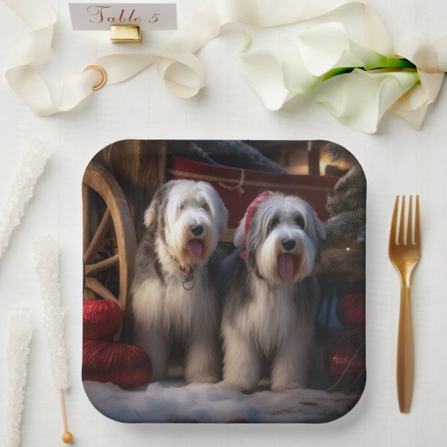 Old English Sheepdog Snowy Sleigh Christmas Decor  Paper Plate (Wedding)