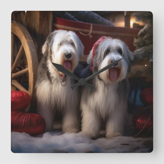 Old English Sheepdog Snowy Sleigh Christmas Decor  Square Wall Clock (Front)