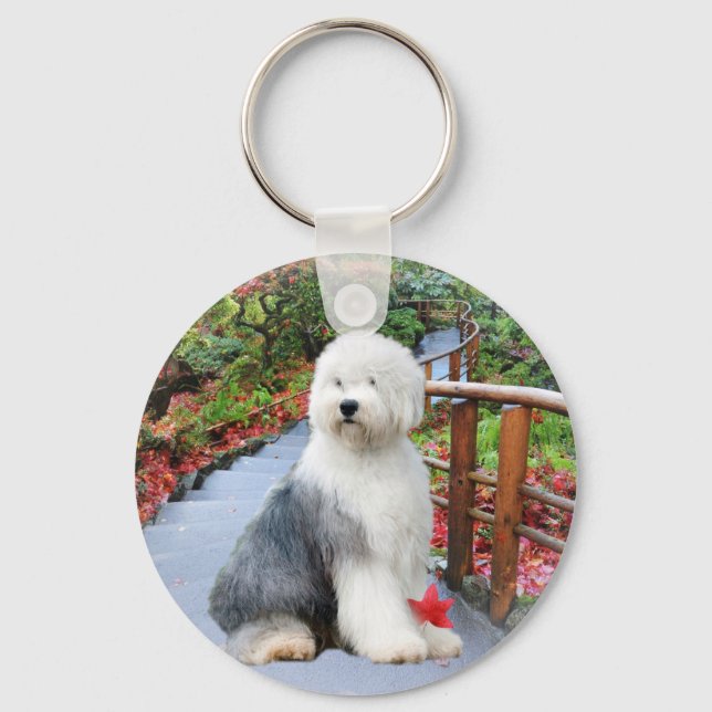 Old English Sheepdog Spring Day Keychain (Front)