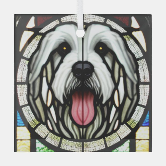 Old English Sheepdog "Stained Glass" Glass Ornament (Front)