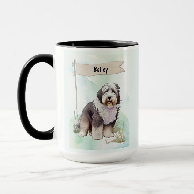 Old English Sheepdog Watercolor Personalized Dog Mug (Left)