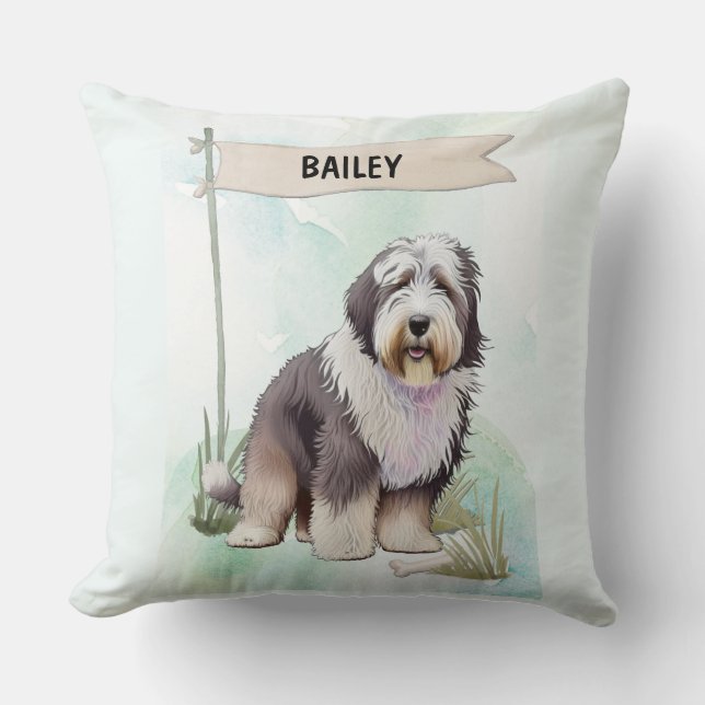 Old English Sheepdog Watercolor Personalized Dog Throw Pillow (Front)