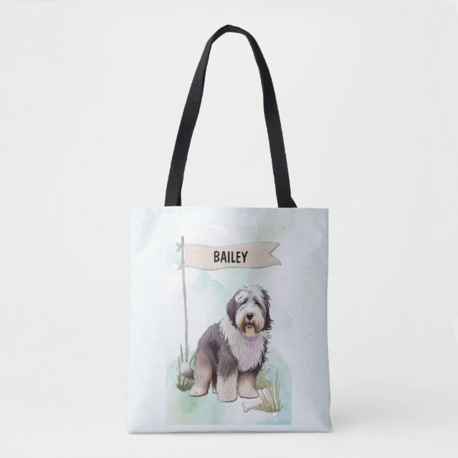 Old English Sheepdog Watercolor Personalized Dog Tote Bag (Front)