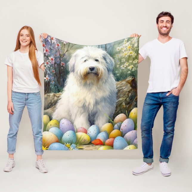 Old English Sheepdog with Easter Eggs Holiday Fleece Blanket (In Situ)