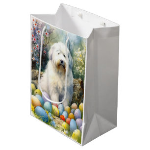 Old English Sheepdog with Easter Eggs Holiday Medium Gift Bag