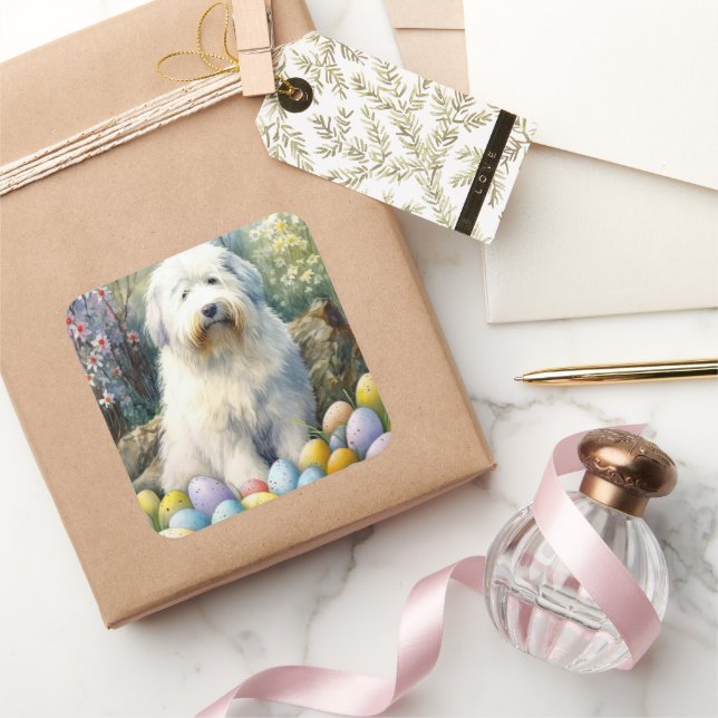 Old English Sheepdog with Easter Eggs Holiday Square Sticker (Gifting)