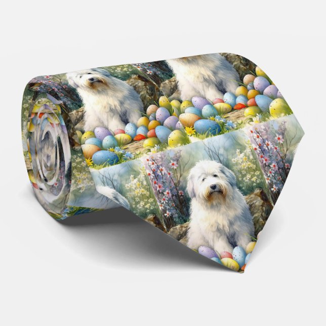 Old English Sheepdog with Easter Eggs Holiday Tie (Rolled)