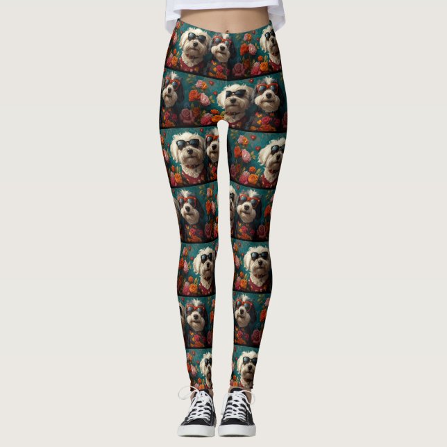 Old English Sheepdog with Roses Valentine's Day Leggings (Front)
