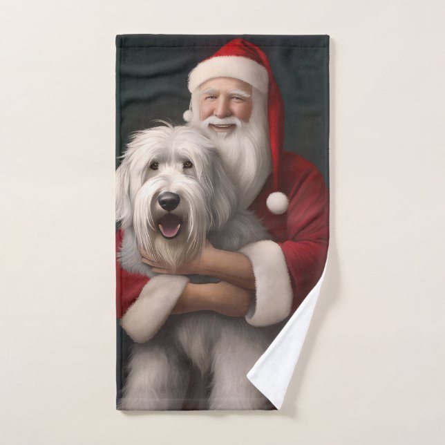Old English Sheepdog With Santa Claus Festive Bath Towel Set (Hand Towel)