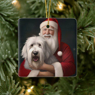 Old English Sheepdog With Santa Claus Festive Ceramic Ornament