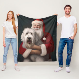 Old English Sheepdog With Santa Claus Festive Fleece Blanket