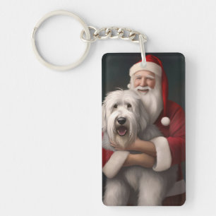 Old English Sheepdog With Santa Claus Festive Keychain