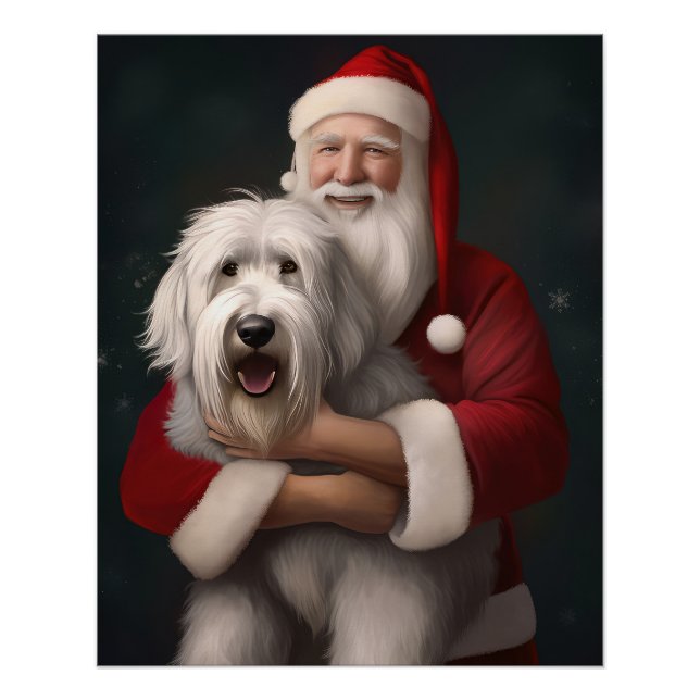 Old English Sheepdog With Santa Claus Festive Poster (Front)