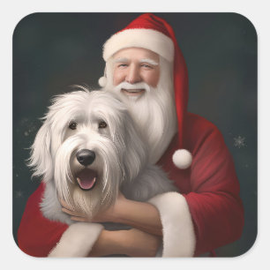 Old English Sheepdog With Santa Claus Festive Square Sticker