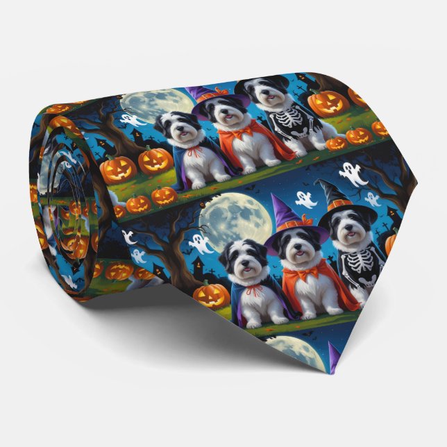 Old English Sheepdogs Pumpkin Halloween Funny Tie (Rolled)