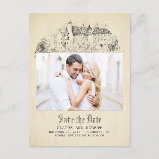 Old Fairytale Castle Photo Save the Date Announcement Postcard (Front)