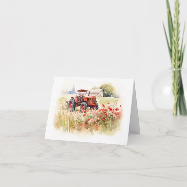 Old Farm Tractor in a Field of Flowers BLANK  Card (Front)