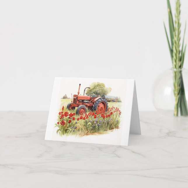 Old Farm Tractor with Red Flowers BLANK  Card (Front)
