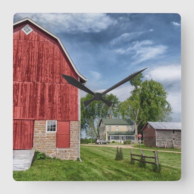 Old Farmhouse and Red Barn Photo Wall Clock (Front)