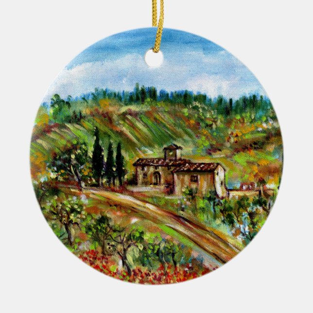 OLD FARMHOUSE IN TUSCANY LANDSCAPE CERAMIC ORNAMENT (Front)