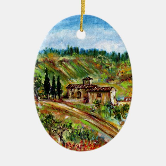 OLD FARMHOUSE IN TUSCANY LANDSCAPE CERAMIC ORNAMENT (Front)