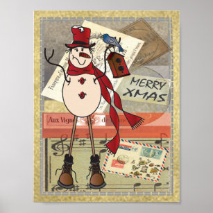 Old Fashion Red Postage Snowman Poster