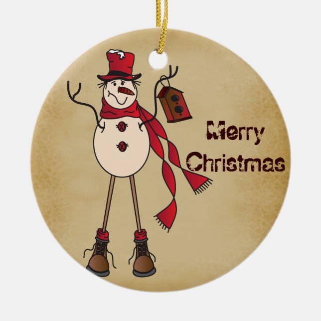 Old Fashion Red Snowman Ceramic Ornament (Front)