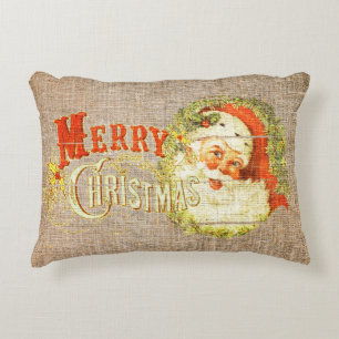 Old Fashion Rustic Merry Christmas Vintage Burlap Accent Pillow