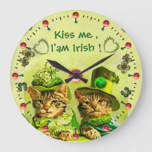 OLD FASHION ST.PATRICK'S CATS Kiss me I'am Irish Large Clock