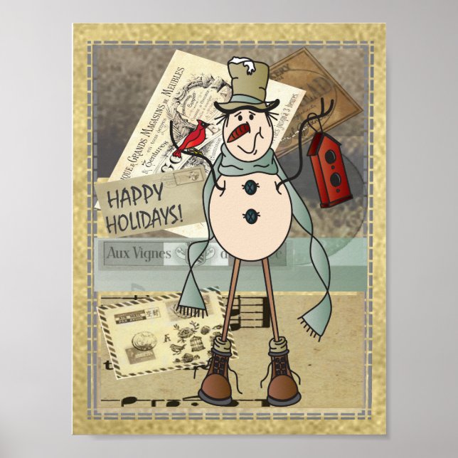 Old Fashion Vintage Style Blue Snowman Poster (Front)