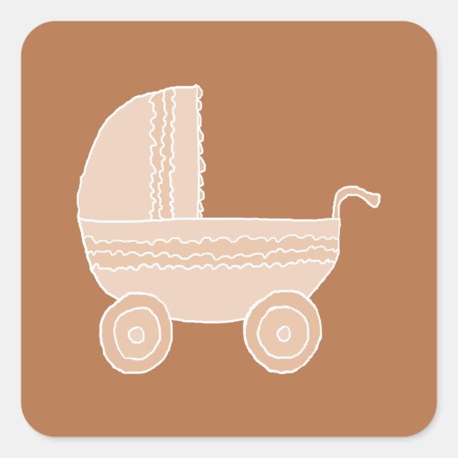Old Fashioned Beige Baby Stroller on Brown. Square Sticker (Front)