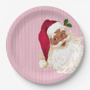 Old Fashioned Black Santa Cranberry Stripe Paper Plate