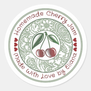 Old Fashioned Cherry Jam Stylized Fruit and Flower Classic Round Sticker