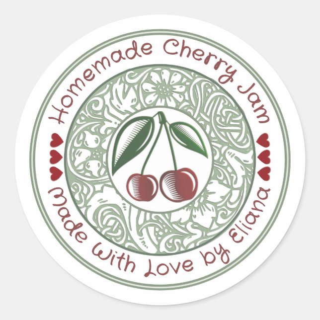 Old Fashioned Cherry Jam Stylized Fruit and Flower Classic Round Sticker (Front)