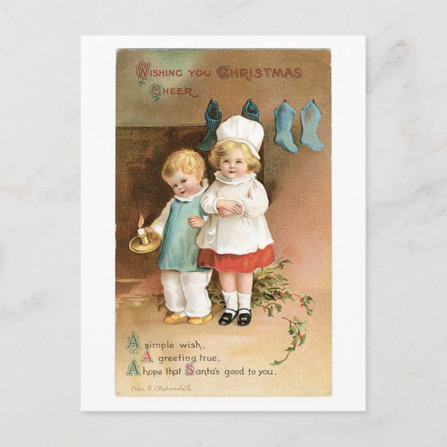 Old-fashioned Christmas, Boy & Girl Holiday Postcard (Front)