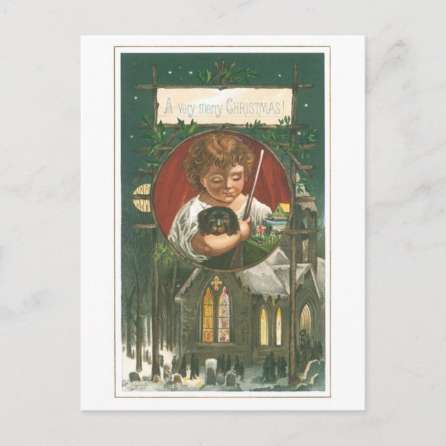 Old-fashioned Christmas, Church Holiday Postcard (Front)