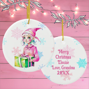 Old-Fashioned Christmas Elf Girl in Pink  Ceramic Ornament