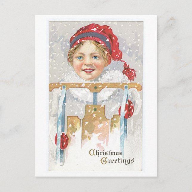 Old-fashioned Christmas, Girl Holiday Postcard (Front)